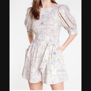 Floral Linen-Blend Puff Shoulder Tie Waist Romper
